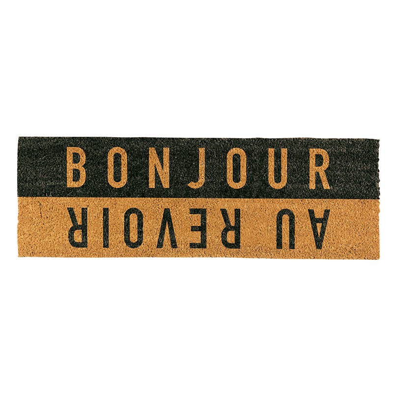 Coir rug with 'Bonjour' and 'Au Revoir' written on opposing sides